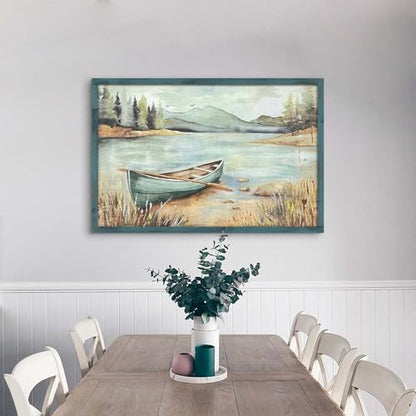 HILL WEST Rustic Nature Lake Boat Wooden Framed Wall Art, 45x30inch - color: Boat, size: 45"L x 30"W
