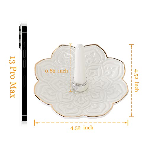 HOME SMILE Ceramic White Mandala Ring Holder,Decorative Jewelry Dish Tray, Engagement Wedding Birthday Valentines's Day Gifts for Women - style: 4.5" White Mandala