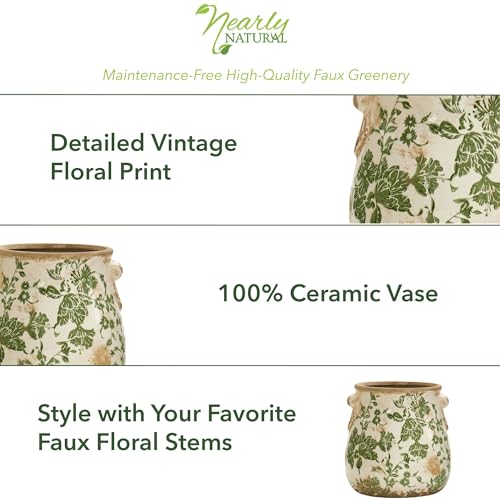 Nearly Natural 10 in Tuscan Ceramic Green Scroll Planter for Home Decor - size: 10in.