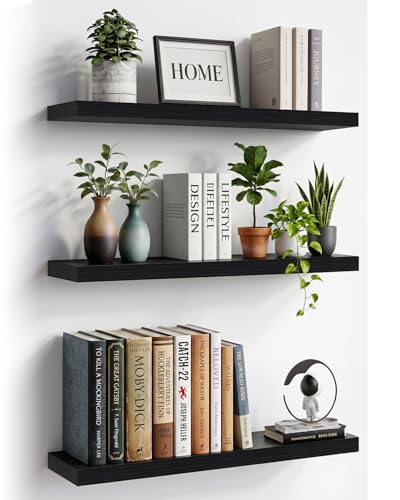 Solid Wood Floating Shelves for Wall – 16 Inch Floating Shelf for Kitchen, Bedroom, Living Room, Bathroom - Mounted Bathroom Shelves with Invisible Brackets (Black, 3 Pack)