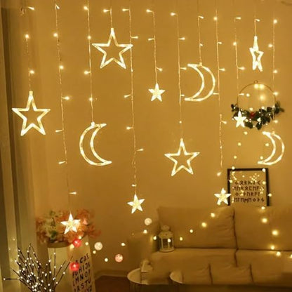 Star Moon Curtain String Lights,126 LED Ramadan Decorations Ramadan Curtain String Lights, 2 Lighting Modes, Waterproof Fairy Lights, Starry Lights for Christmas, Wedding, Party, Home, Patio Lawn