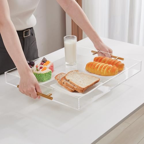 Large Clear Acrylic Serving Tray (16×18 Inches) with Gold Handles Spill Proof Acrylic Decorative Tray Organiser for Ottoman Coffee Table Countertop - size: 16x18 Inches