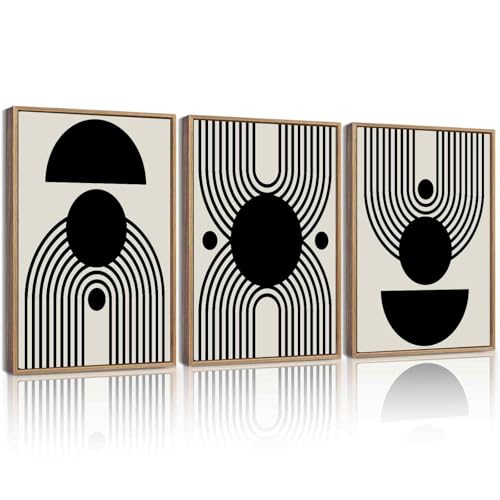 KUVIOKE Black Abstract Framed Wall Art Minimalist Geometry Lines Painting Artwork for Living Room Bedroom 12x16in (Natural Framed) - color: Black Bohemain, size: 12 x 16in x 3 Panels Natural