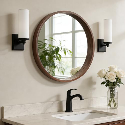 WallBeyond 24 Inch Round Wood Mirror, Circle Wooden Frame Wall Mirror for Bathroom, Living Room, Bedroom, Entryway (Walnut) - color: Walnut, size: 24"L x 24"W