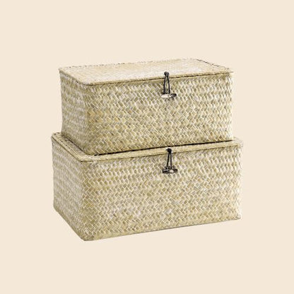 Nonam Wicker Storage Basket with Lid, Seagrass Shelf Basket Set of 2, White - color: White-S+M