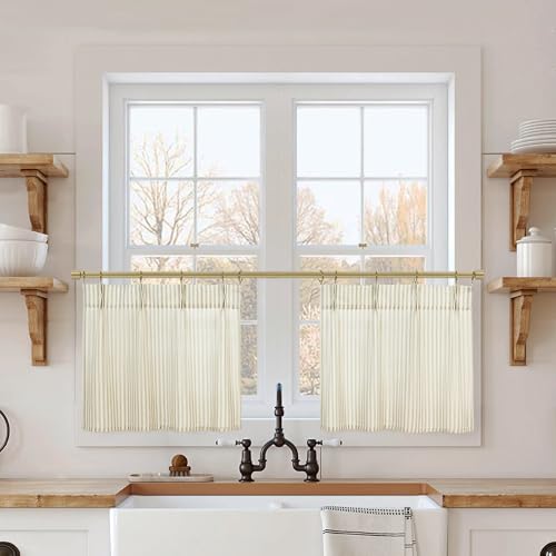 Lino Rosa 12 Inch Curtains Length,Cafe Striped Linen Farmhouse Sheer Small Window Curtains for Kitchen Bathroom,24 x 12 Inch Long 2 Panels Set - color: Tan, size: 24"W x 12"L (Pack of 2)