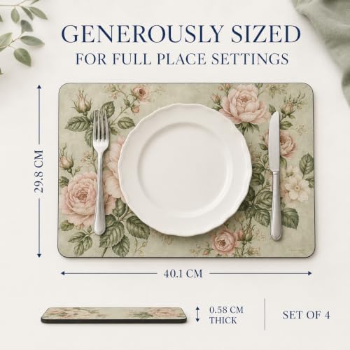 Pimpernel Antique Roses Cork-Backed Placemats - Beige, Set of 4 - size: 15.7" x 11.7" Rectangular, style: Antique Roses