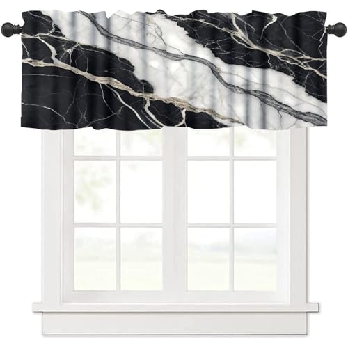Vinatge Marble Kitchen Valance, Abstract Luxury White Black Texture Print Blackout Rod Pocket Short Window Curtain for Cafe Bedroom Living Room, 54x18inch - color: Marble-26