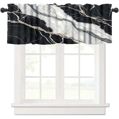 Vinatge Marble Kitchen Valance, Abstract Luxury White Black Texture Print Blackout Rod Pocket Short Window Curtain for Cafe Bedroom Living Room, 54x18inch - color: Marble-26