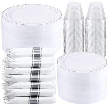 WELLIFE 350-Piece Silver Plastic Dinnerware Set - Disposable 10.25" Dinner Plates, 7.5" Dessert Plates, 9oz Silver Rim Cups & Cutlery for Weddings - 50 Guest Service - Elegant Disposable Silverware - color: Silver, style: 350PCS（50 Guests）