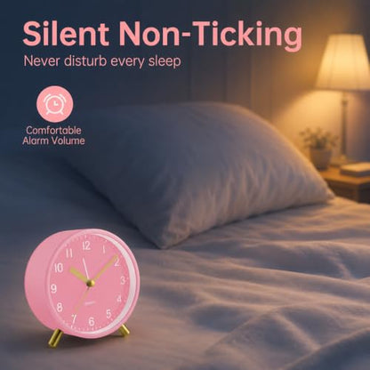 JALL Analog Alarm Clock, 4 inch Super Silent Non Ticking Small Clock with Night Light, Battery Operated, Simple Design, Easy Setting for Office, Bedroom, Bedside, Desk, Teens, Elders, Adult, Pink - color: Pink
