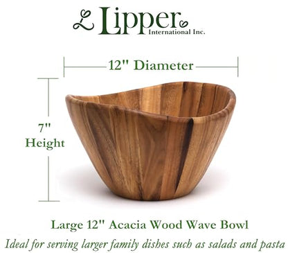 Lipper International Acacia Wave Serving Bowl for Fruits or Salads, Large, 12" Diameter x 7" Height, Single Bowl - size: 12 inches (D) x 7 inches (H)