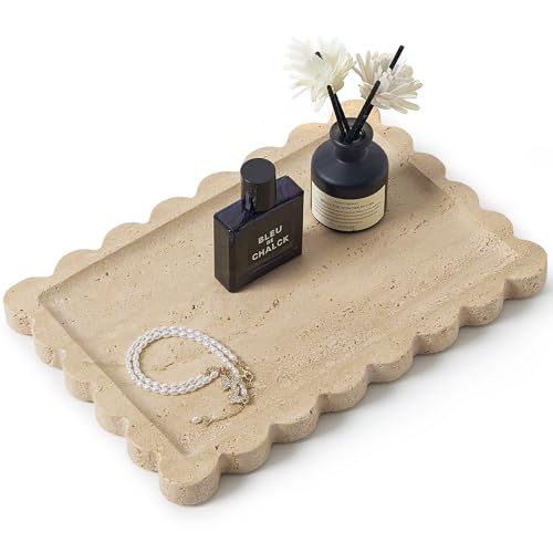 Scalloped Natural Travertine Tray - Decor Stone Tray for Bathroom & Vanity - color: Travertine, size: 12" x 8" x 0.7"