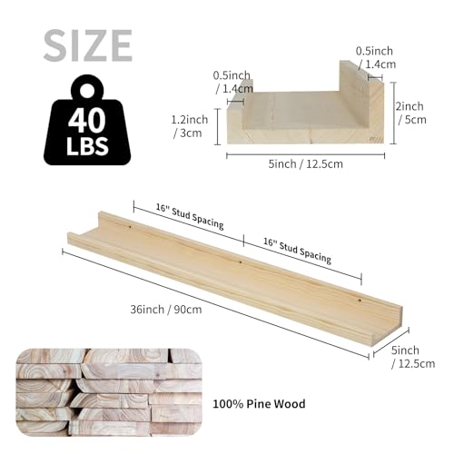 SAUMONIERES Picture Ledge Shelf Floating Book Shelves Set of 2 Wall Mounted Solid Wood for Bedroom Bathroom Living Room Kitchen, 36 Inch Natural - color: Natural-unstained, size: 36 inch