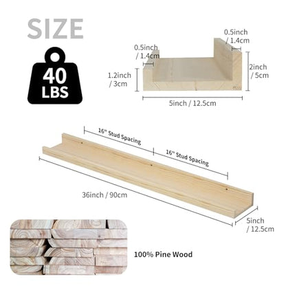 SAUMONIERES Picture Ledge Shelf Floating Book Shelves Set of 2 Wall Mounted Solid Wood for Bedroom Bathroom Living Room Kitchen, 36 Inch Natural - color: Natural-unstained, size: 36 inch