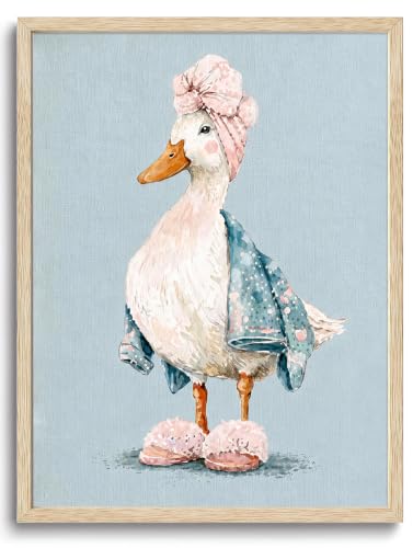 Framed Funny Duck Bathroom Wall Art, Cute Goose in Bathrobe Canvas Print - color: KJSM-06 Framed, size: 10"L x 8"W