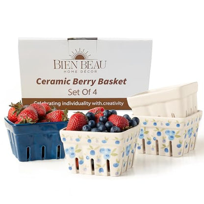 BIEN BEAU Ceramic Berry Baskets Set of 4, Blueberry Colander Fruit Bowls - color: Blue
