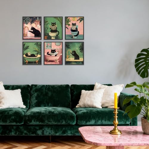 KBKBART 6pcs Funny Cat Bathroom Wall Art Prints Poster Unframed, 8x10 inch - color: Black Cat