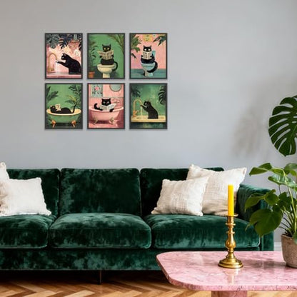 KBKBART 6pcs Funny Cat Bathroom Wall Art Prints Poster Unframed, 8x10 inch - color: Black Cat