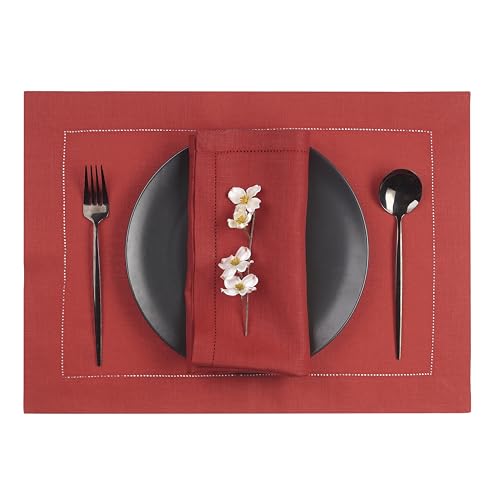 Signature Linen™ by D'Moksha, Bright Red Placemats Set of 6, 14 x 19 Inch, 100% Pure Linen Table Mats, Hemstitch, Machine Washable Cloth Placemats- Fall, Weddings, Outdoor Hosting - color: Bright Red, size: Set of 6 (14 X 19 Inch)