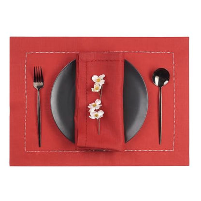 Signature Linen™ by D'Moksha, Bright Red Placemats Set of 6, 14 x 19 Inch, 100% Pure Linen Table Mats, Hemstitch, Machine Washable Cloth Placemats- Fall, Weddings, Outdoor Hosting - color: Bright Red, size: Set of 6 (14 X 19 Inch)