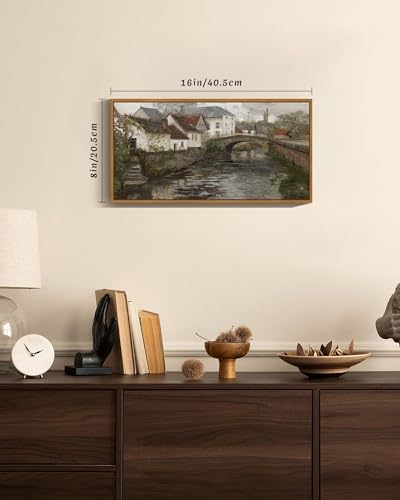 SHENIFY Vintage Framed Wall Art French Town Country Landscape Painting Retro Countryside River Scenery Farmhouse Kitchen Living Room Decor - 8x16in Natural Framed - color: Town, size: 16"L x 8"W