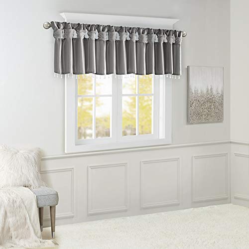 Madison Park Faux Silk Valances for Windows with Beads, 50x26 Charcoal - color: Charcoal, size: 50"W x 26"L (Pack of 1), style: Valance