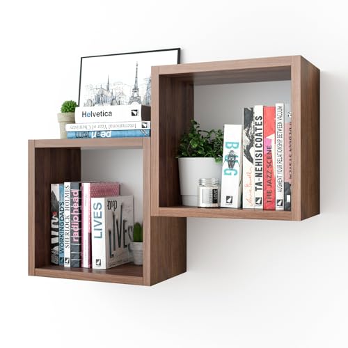Kaboon Cube Floating Shelves Set2, Display Shelves Wall Mount 7.75" D x 12.5" W x 12.5" H, (Walnut, Square 2 Cubes) - color: Dark Walnut, size: Square-Set2