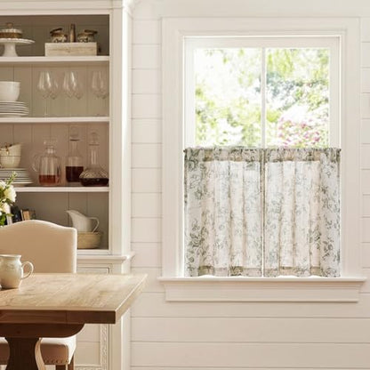 jinchan Floral Linen Kitchen Tier Curtains, 24 Inch, 2 Panels, Green - color: Amlie Green, size: 26"W x 24"L (Pack of 2)