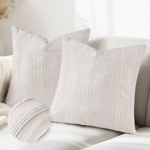 AELS 18x18 Decorative Farmhouse Linen Throw Pillow Covers, Beige with Creamy White Chenille Striped Pillow Case, Set of 2, Boho Textured Cushion Cover for Sofa Couch Living Room (Cover ONLY) - color: Beige With Creamy White, size: 18" x 18" (Pack of 2)