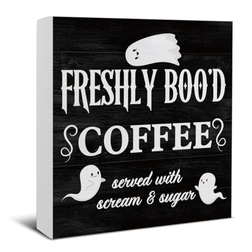 Halloween Coffee Wooden Sign Decor Ghost Block Desk Sign - color: FRESHLY