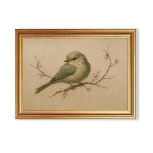 EJPFOGV Serene Bird on Branch Pink Floral Framed Canvas Wall Art 12x16 inch - color: Bird, size: 16"L x 12"W