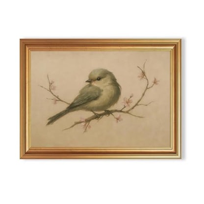 EJPFOGV Serene Bird on Branch Pink Floral Framed Canvas Wall Art 12x16 inch - color: Bird, size: 16"L x 12"W