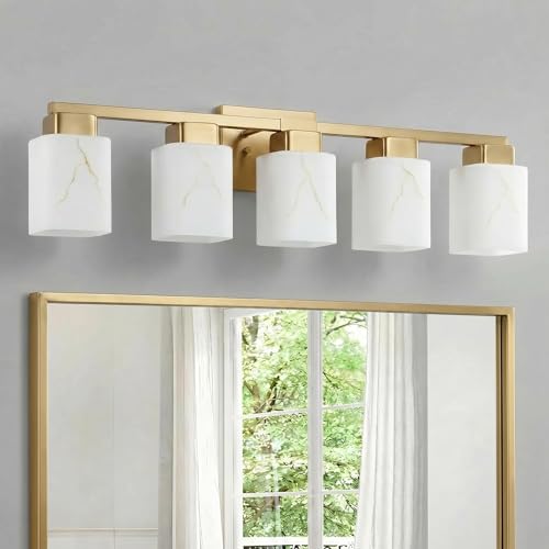 5-Light Square Bathroom Light Fixture, Gold Modern Vanity Light with White Marble Glass Shade, for Bathroom Mirror, Living Room, Bedroom, Hallway, E26 Base - color: Gold, size: 5-Light