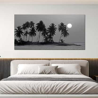 Black and White Wall Art Coastal Landscape Ocean Tree Artwork 29"x58" - size: 29"L x 58"W