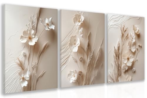 GELDSTEI Wrapped Canvas Modern Beige Floral Wall Art Set of 3, 16x24 in | Minimalist Texture Botanical Wall Decor, Vintage Beige Flower Art Prints, Neutral Decor for Living Room Bedroom - color: Neutral, size: 24"L x 16"W