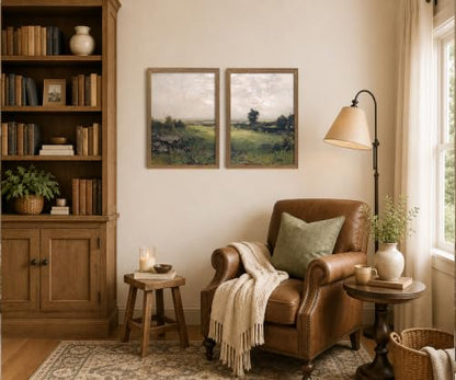 Landscape Wall Art Set of 2 Framed, Neutral Farmhouse Canvas Prints, - color: Green scenery, size: 12x16 Inches