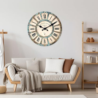 Wood Rustic Silent Wall Clocks for Living Room 24 Inch - color: Blue1, size: 24 Inch