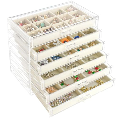 Watpot Acrylic Jewelry Box Organizer and Storage 6 Drawer for Earring Display Tray - color: Beige 6 Layers