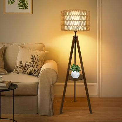 LAMSU Boho Tripod Floor Lamp with Shelves, Mid Century Wood Standing Lamp with Rattan & Fabric Shades, ON/Off Foot Switch, Modern Farmhouse Tall Floor Lamps for Living Room Bedroom Office - color: Walnut Brown
