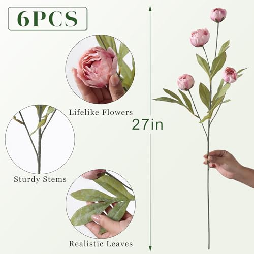 6 Pcs 27" Faux Silk Peony Artificial Flowers Stems for Vase (Blush Pink) - color: Blush Pink