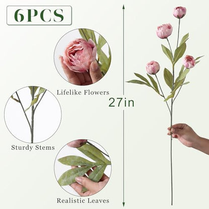 6 Pcs 27" Faux Silk Peony Artificial Flowers Stems for Vase (Blush Pink) - color: Blush Pink