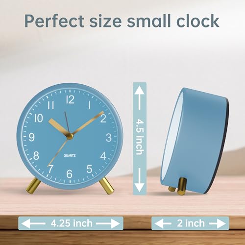 JALL Analog Alarm Clock, 4 inch Super Silent Non Ticking Small Clock with Night Light, Battery Operated, Simple Design, Easy Setting for Office, Bedroom, Bedside, Desk, Teens, Elders, Adult, SkyBlue - color: Blue