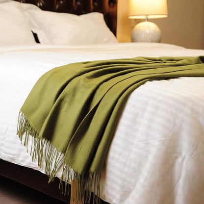 CUDDLE DREAMS Premium Cashmere Throw Blanket with Fringe (Bamboo Green) - color: Bamboo Green
