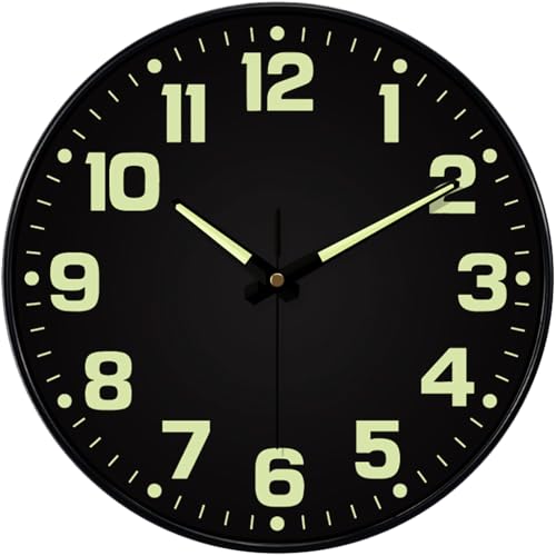 Glow in the Dark Wall Clock Non Ticking, 10 inch Silent Wall Clocks Battery Operated, Large Number Tempered Glass, Round Night Light Analog Clock for Bedroom Living Room Kitchen Office, Black - color: Black Green, size: 10 Inch