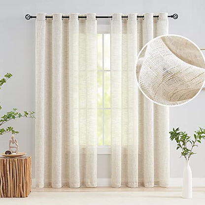 Linen Semi Sheer Curtains for Living Room 84" Natural Privacy Bedroom Drape - color: Natural - Grommet Top, size: 52"W x 84"L (Pack of 2)