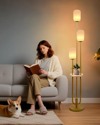 Lightdot Gold Dimmable Floor Lamp with Shelf Modern Floor Lamps with Oval Striped Lampshade 3000K Bulb Included 3-Lights Candle Holder Style Tall Lamp for Living Room/Bedroom/Sofa Beside/Corner Decor - color: Oval Strip-Gold