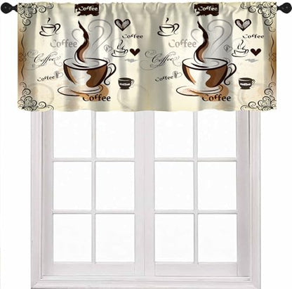 Coffee Valance Curtains, Retro Latte Cappuccino Cafe Beans Farmhouse Country Theme Print Window Treatment Valances for Kitchen Dinning Room Living Room Cafe, 54x18 Inch - color: Coffee-2, size: 53"W x 18"L (Pack of 1)