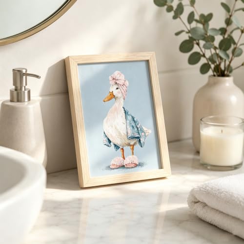 Framed Funny Duck Bathroom Wall Art, Cute Goose in Bathrobe Canvas Print - color: KJSM-06 Framed, size: 10"L x 8"W