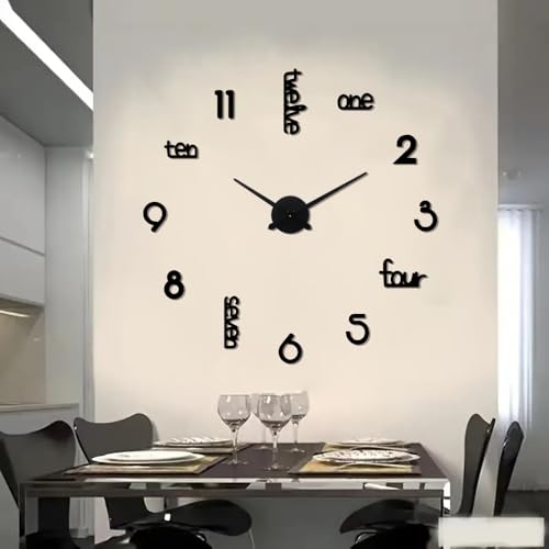Large Modern Art Deco Wall Clock Silent Acrylic Unique Decorative Wall Clocks for Living Room Bedroom Home Office Hotel Classroom (Black)